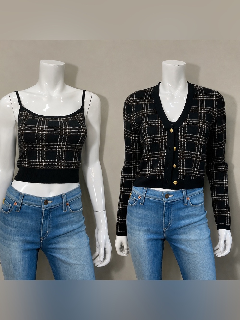ALICE + OLIVIA Grace Black Plaid Wool Blend Cardigan Camisole 2 Piece Set